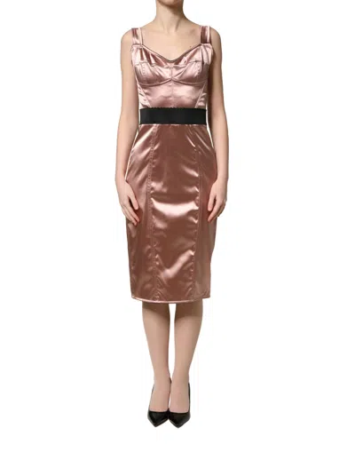 Pre-owned Dolce & Gabbana Pink Satin Sweetheart Sheath Corset Midi Women's Dress ()