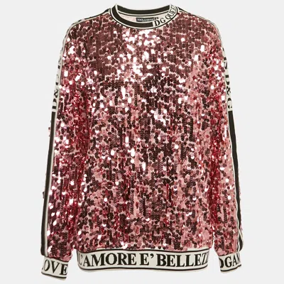 Pre-owned Dolce & Gabbana Pink Sequin Tulle Logo Detail Pullover S
