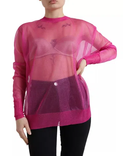 Pre-owned Dolce & Gabbana Pink Sheer Long Sleeves Crewneck Top Women's Blouse ()