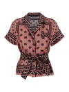 Dolce & Gabbana Silk Shirt With Waist Tie And Logo Pattern In Multicolor