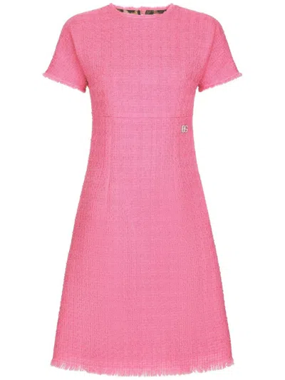 DOLCE & GABBANA PINK SHORT-SLEEVE TWEED MINIDRESS