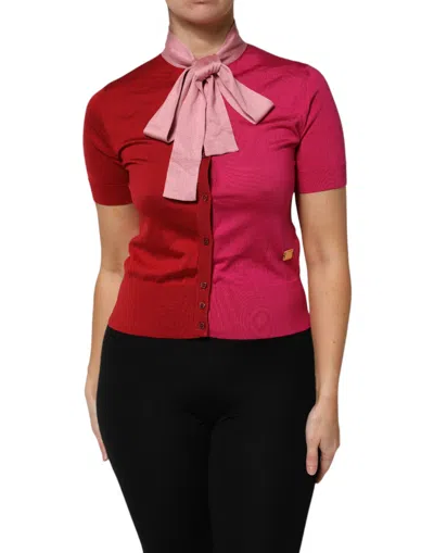 Dolce & Gabbana Pink Short Sleeves Buttoned Ascot Collar Women's Top