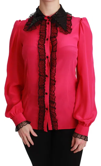 Dolce & Gabbana Pink Silk Black Sequin Lace Shirt Women's Blouse