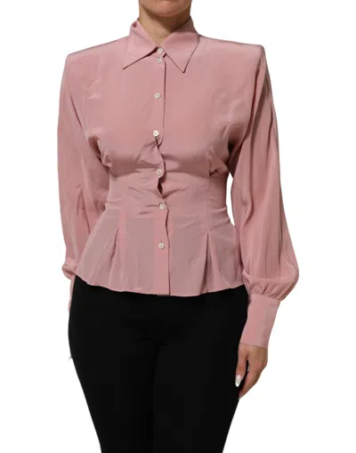 Pre-owned Dolce & Gabbana Pink Silk Collared Long Sleeves Blouse Women's Top ()