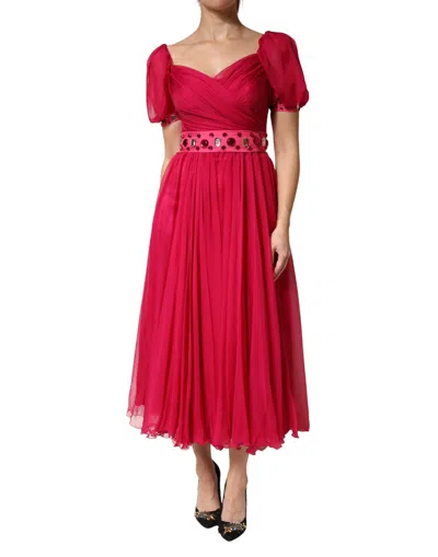 Pre-owned Dolce & Gabbana Pink Silk Embellished A-line Midi Women's Dress ()