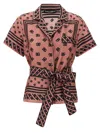Dolce & Gabbana Pink Shirt With All-over Printed Dg Logo And Waist Belt In Silk Woman In Pink