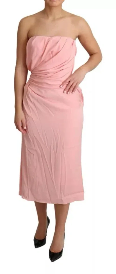 Pre-owned Dolce & Gabbana Pink Silk Stretch Strapless Sheath Midi Women's Dress ()
