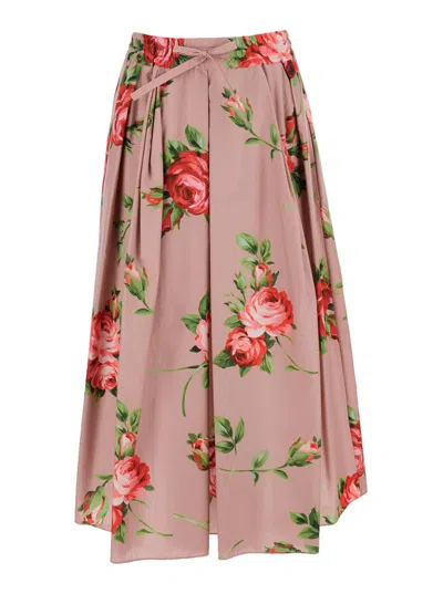 Dolce & Gabbana Pink Skirt With Elasticated Waist And All-over Floral Print In Cotton Woman In Brown