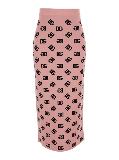 DOLCE & GABBANA PINK SKIRT WITH PENCIL DESIGN AND ALL-OVER PRINTED DG LOGO IN VISCOSE BLEND WOMAN