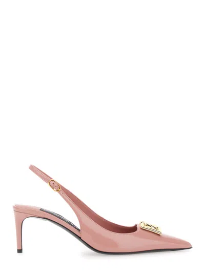 Dolce & Gabbana Pink Slingback Pumps With Logo Plaque On The Front In Leather Woman