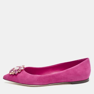 Pre-owned Dolce & Gabbana Pink Suede Crystal Embellished Bellucci Ballet Flats Size 37