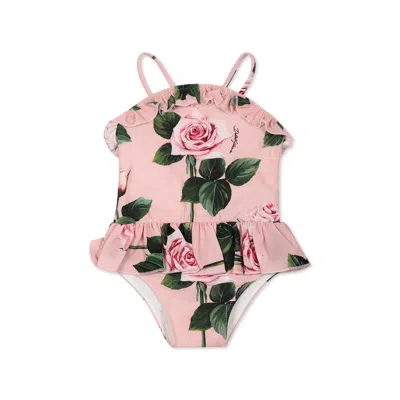 Dolce & Gabbana Pink Swimsuit For Baby Girl With Rose Print