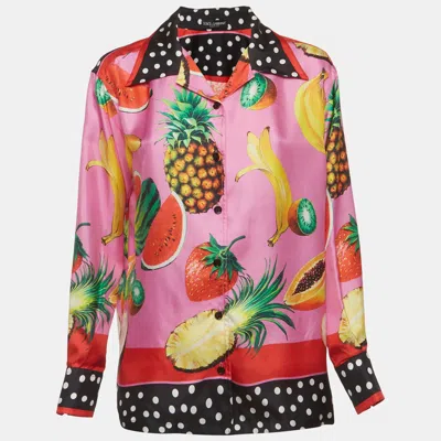 Pre-owned Dolce & Gabbana Pink Tropical Fruit And Polka Dot Print Satin Shirt Xs