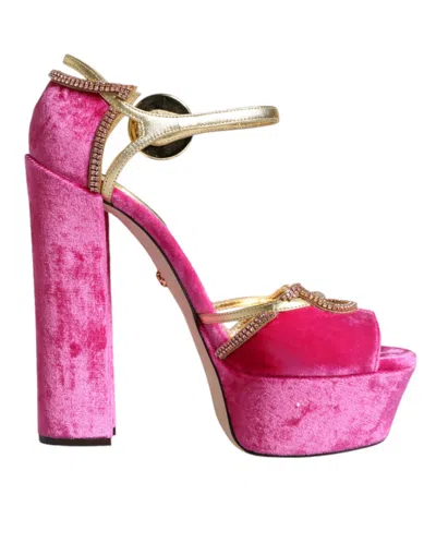 Pre-owned Dolce & Gabbana Pink Velvet Platform Ankle Strap Heel Sandals Women's Shoes () In Gold And Pink