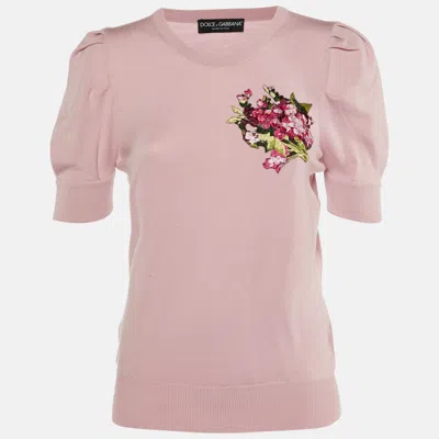 Pre-owned Dolce & Gabbana Pink Wool Knit Floral Appliqued Jumper M