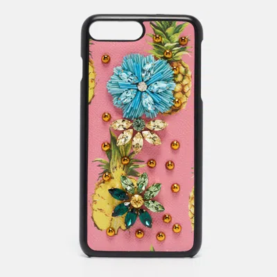 Pre-owned Dolce & Gabbana Pink/black Leather Pineapple Crystals Iphone 6/6s Plus Cover