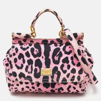 Pre-owned Dolce & Gabbana Pink/black Leopard Print Canvas Medium Miss Sicily Top Handle Bag