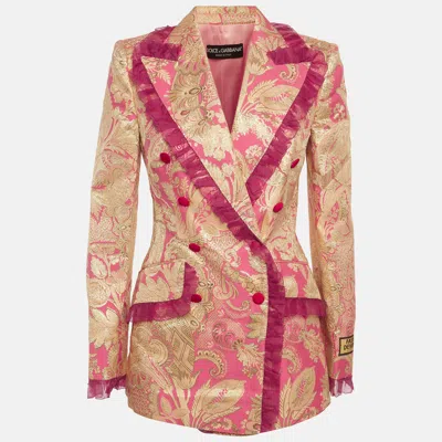 Pre-owned Dolce & Gabbana Pink/gold Jacquard Ruffled Double Breasted Blazer S