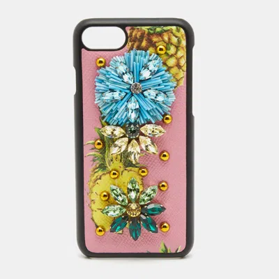 Pre-owned Dolce & Gabbana Pink/yellow Fruit Print Leather Crystals Embellished Iphone 7 Cover