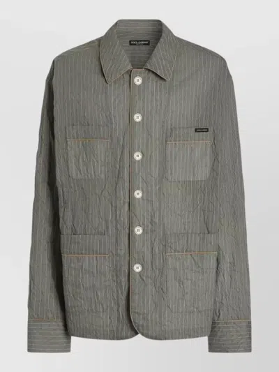 Dolce & Gabbana Pinstripe Crinkled Shirt Jacket Chest Pockets In Gray