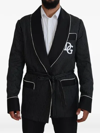 Dolce & Gabbana Pinstripe Shawl Collar Dg Patch Blazer Men In Black