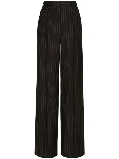 Dolce & Gabbana Pinstripe-print High-waist Wide-leg Trousers In Black