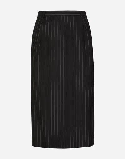 Dolce & Gabbana Pinstripe Wool Calf-length Skirt In Black