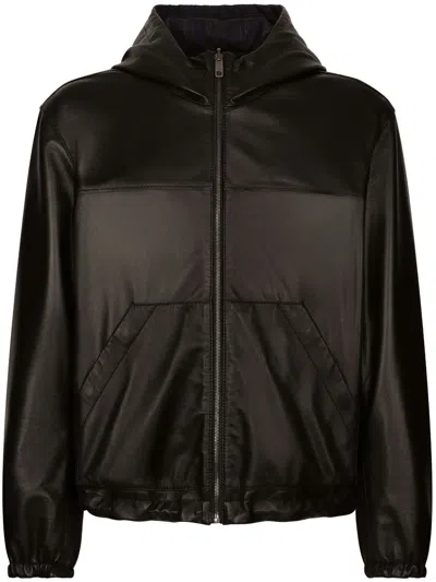 Dolce & Gabbana Hooded Leather Jacket In Black