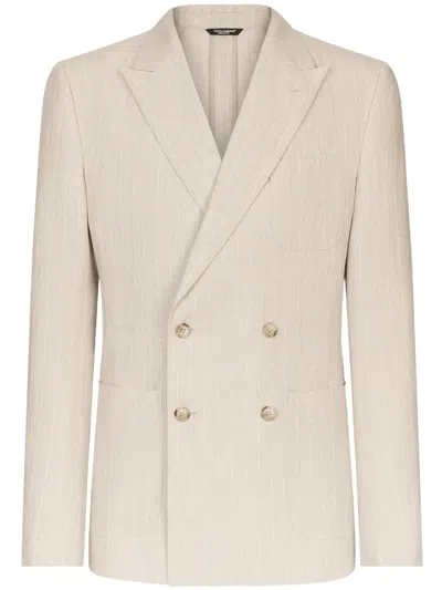 Dolce & Gabbana Double-breasted Portofino-fit Jacket In Pinstripe Linen In Animal Print