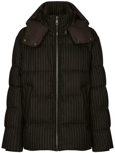 Dolce & Gabbana Striped Hooded Padded Jacket In Black