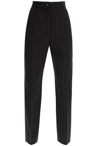 Dolce & Gabbana Stretch Virgin Wool Pinstripe Pants In Marrone