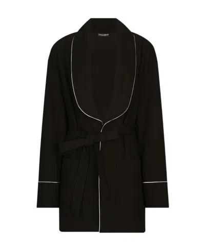 Dolce & Gabbana Piped Belted-waist Shawl Jacket In Black