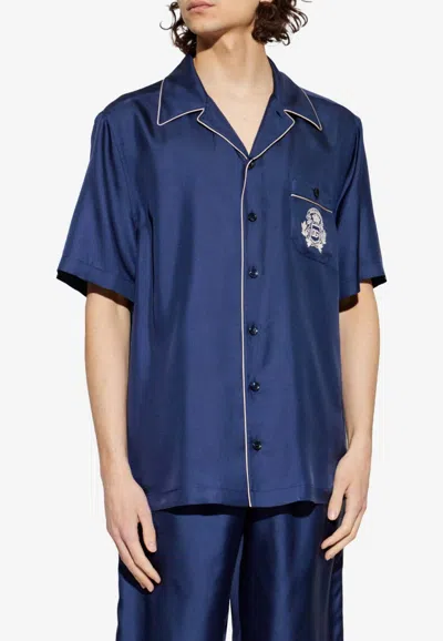 Dolce & Gabbana Piped Silk Shirt With Embroidered-logo In Blue