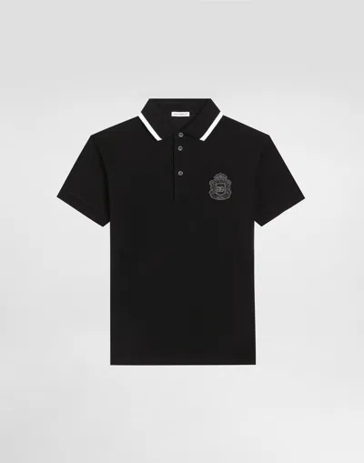 Dolce & Gabbana Kids' Piqué Polo Shirt With Dg Heraldic Patch In Black