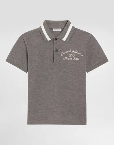 Dolce & Gabbana Kids' Piqué Polo Shirt With Dolce&gabbana Embroidery In Gray