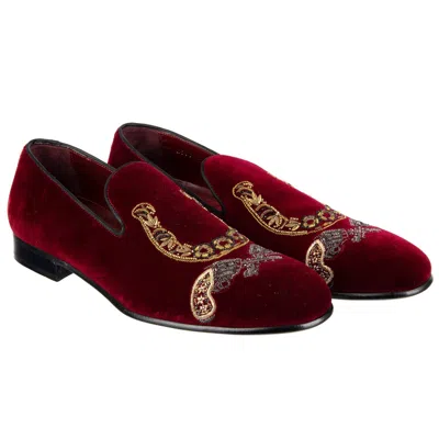 Pre-owned Dolce & Gabbana Pistol Horseshoe Embroidery Velvet Loafer Shoes Milano Red 08607