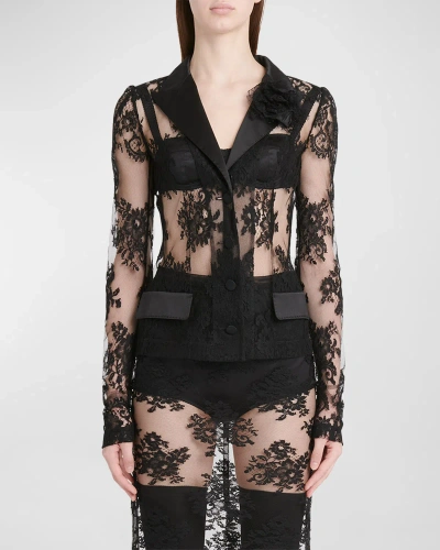 Dolce & Gabbana Sheer Chantilly-lace Blazer In Black