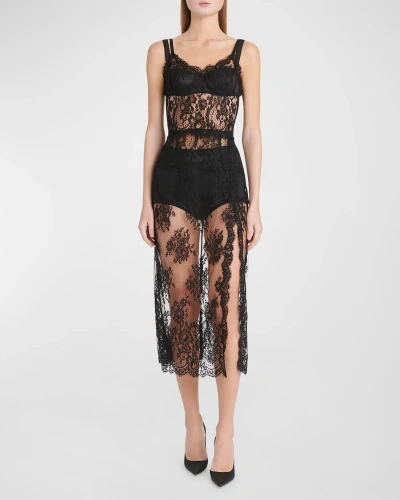 Dolce & Gabbana Pizzo Chantilly Lace Bustier Midi Dress In Black