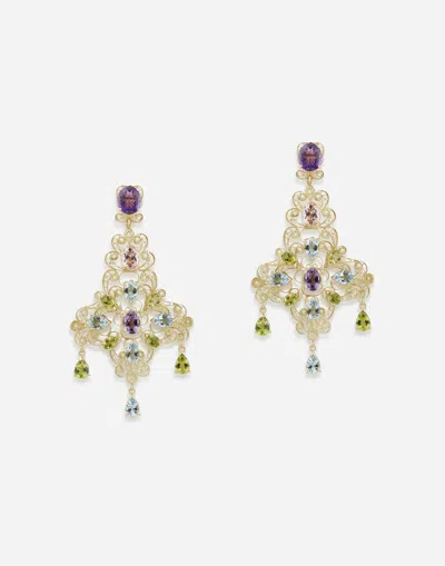 Dolce & Gabbana Pizzo Earrings In Yellow Gold Filigree With Amethysts, Aquamarines, Peridots And Morganites
