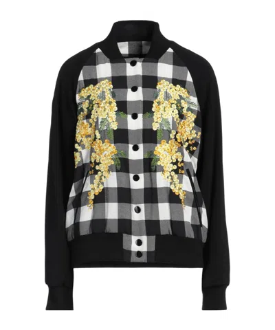 Dolce & Gabbana Black White Check Floral Button Down Jacket