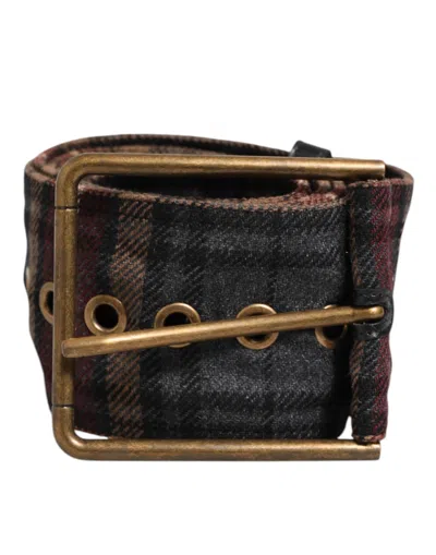 Dolce & Gabbana Plaid Fabric Logo Plate Brass Buckle Belt In Black
