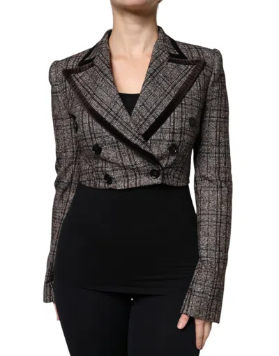 Dolce & Gabbana Plaid Wool Blend Cropped Blazer In Gray