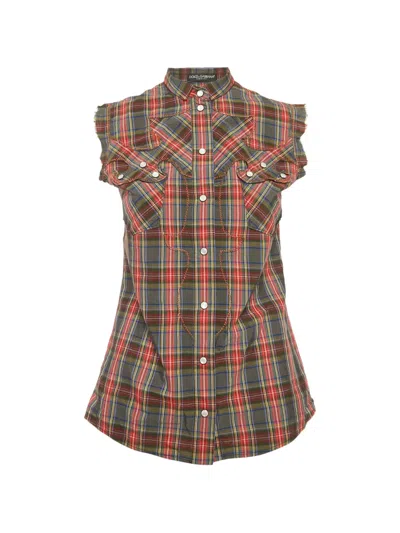 Pre-owned Dolce & Gabbana Plaid-pattern Sleeveless Shirt In Red