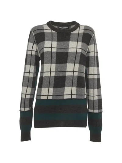 Pre-owned Dolce & Gabbana Plaid-print Rib-knit Sweater In Gray