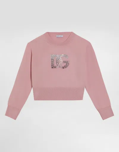 Dolce & Gabbana Plaint-knit Pullover With Dg Logo In Pink