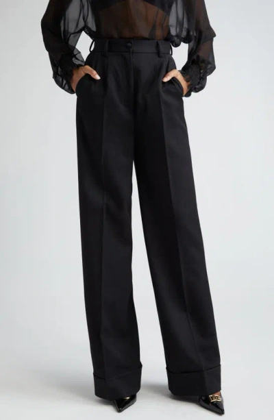 Dolce & Gabbana Pleated Cuff Hem Virgin Wool & Silk Trousers In N0000 Nero