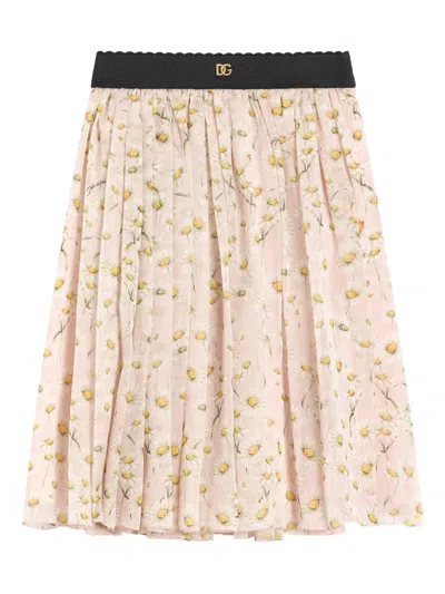 Dolce & Gabbana Kids' Pleated Daisy-print Skirt In Neutral
