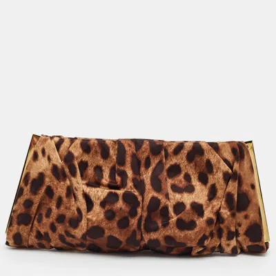 Pre-owned Dolce & Gabbana Pleated Frame Brown/black Leopard Print Satin Clutch