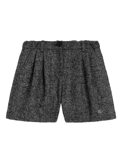 Dolce & Gabbana Kids' Pleated Herringbone Shorts In Gray
