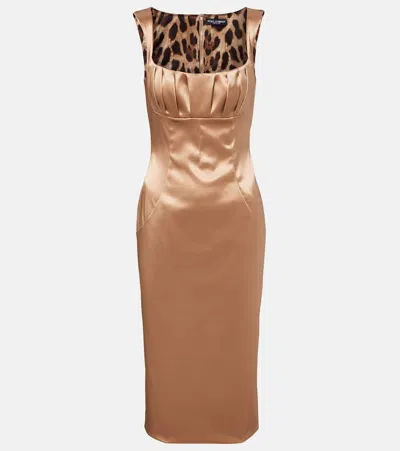Dolce & Gabbana Pleated Satin Midi Dress In Sand